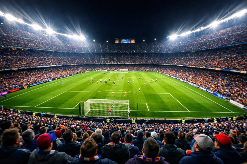 Apostas ao vivo no futebol com odds em movimento num estádio