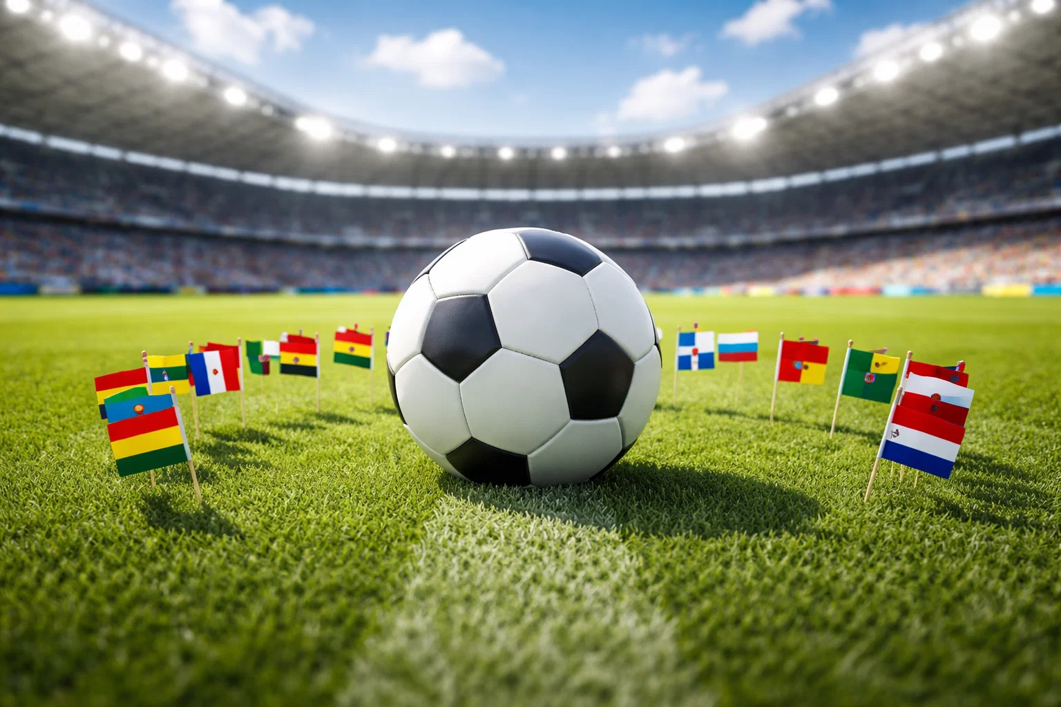 Bola de futebol em relvado verde com bandeiras de várias selecções ao fundo num cenário de competição internacional